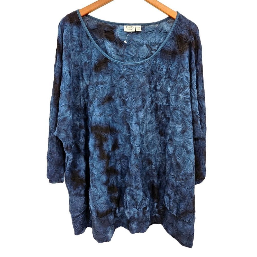 Cato Top Sz 26 28 Blue Black 3/4 Sleeve Scoop Stretch Textured Career Work NEW